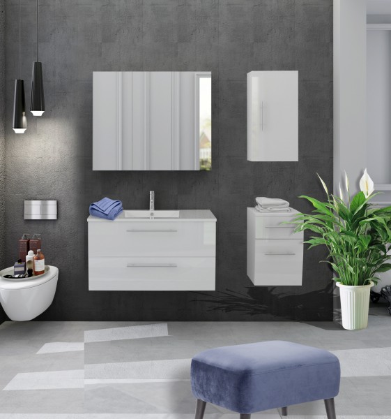 Moderne Badezimmer Einrichtung/Möbel, 4-teiliges Set in weiß hochglanz, 1 Waschbeckenschrank, 2 Hängeschränke, 1 Spiegelschrank, inkl. Waschbecken